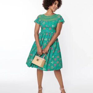 Unique Vintage Green Floral Argyle Flare Women's Short Sleeved Dress Size 4X
